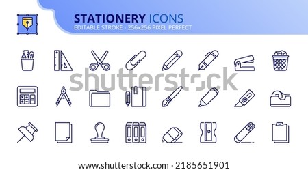 Line icons about stationery. Contains such icons as ruler, pencil, scissors, glue, clip, eraser, marker, paper and folder. Editable stroke Vector 256x256 pixel perfect