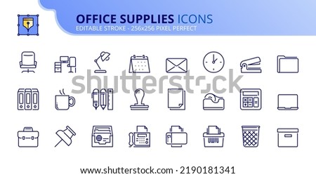 Line icons about office supplies. Contains such icons as workplace, stationery, laptop, printer, pen and document. Editable stroke Vector 256x256 pixel perfect