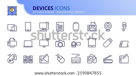 Line icons about devices. Contains such icons as mobile, tablet, PC, ereader, smart watch, printer and camera. Editable stroke Vector 256x256 pixel perfect