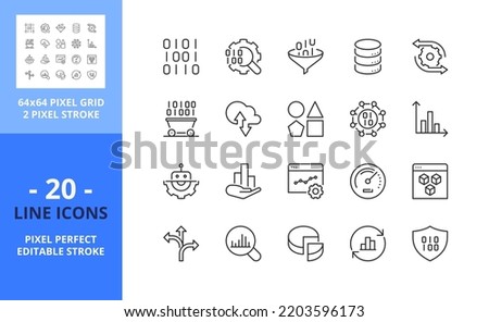 Line icons about data analytics. Contains such icons as mining, processing, monitoring, modeling and management big data and statistics. Editable stroke. Vector - 64 pixel perfect grid
