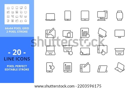 Line icons  about personal devices. Contains such icons as mobile, tablet, PC, ereader, smart watch, laptop and smartphone. Editable stroke. Vector - 64 pixel perfect grid