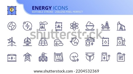 Line icons about energy. Contains such icons as nuclear, fossil fuel, solar, wind power, oil, biogas, green hydrogen. Editable stroke Vector 256x256 pixel perfect