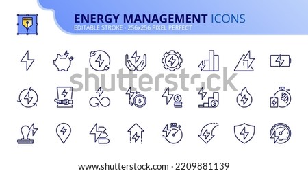 Line icons about energy management. Sustainable development Contains such icons as saving, regulation, price rise, consumption and efficiency. Editable stroke Vector 256x256 pixel perfect