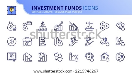 Line icons about investment fund. Financial concept. Contains such icons as ETF and mutual funds, commodities and stock. Editable stroke Vector 256x256 pixel perfect