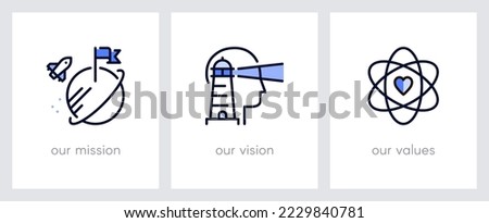 Our mission, our vision and our values. Business concept. Web page template. Metaphors with blue icons such as rocket landing, lighthouse and core values