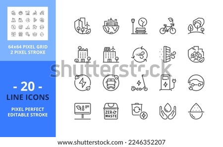 Line icons about green city. Sustainable development. Contains such icons as renewable energy, autonomous building, air and water quality. Editable stroke. Vector - 64 pixel perfect grid