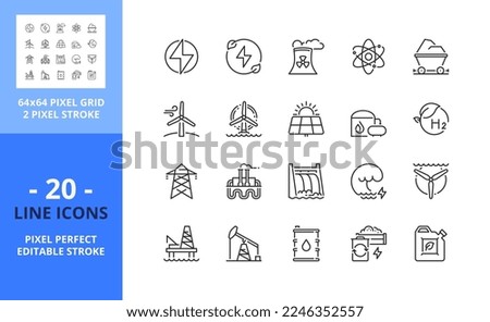 Line icons about energy. Contains such icons as nuclear, fossil fuel, solar, wind power, oil, biogas, green hydrogen. Editable stroke. Vector - 64 pixel perfect grid