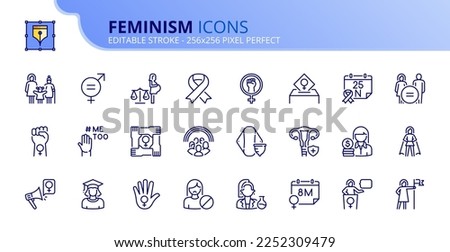 Line icons about feminism. Contains such icons as gender equality, women's rights and girl power. Editable stroke Vector 256x256 pixel perfect