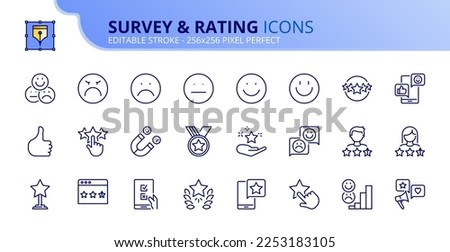 Line icons about survey and rating. Contains such icons as referral marketing, customer satisfaction, CRM, feedback and testimonials. Editable stroke Vector 256x256 pixel perfect