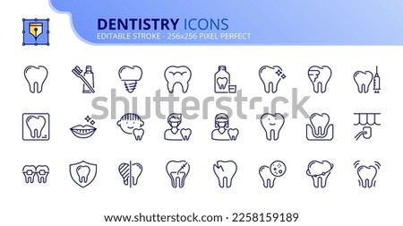 Line icons about dentistry and dental care. Contains such icons as smile, hygiene, implant, x ray, orthodontics and tooth decay. Editable stroke Vector 256x256 pixel perfect