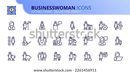 Line icons about businesswoman. Contains such icons as success, aspirations, career and leadership. Editable stroke Vector 256x256 pixel perfect