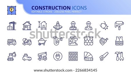 Line icons about construction. Contains such icons as architecture, workers, material, tools and construction vehicles. Editable stroke Vector 256x256 pixel perfect