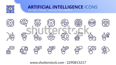 Line icons about artificial intelligence. Contains such icons as AI, machine learning, algorithm and generated contents. Editable stroke Vector 256x256 pixel perfect