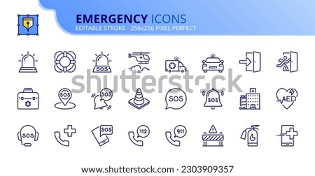 Line icons about emergency. Contains such icons as SOS, urgency, vehicles and emergency call. Editable stroke Vector 256x256 pixel perfect