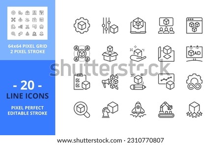 Line icons about product development. Contains such icons as design, testing, branding, marketing and production. Editable stroke. Vector - 64 pixel perfect grid