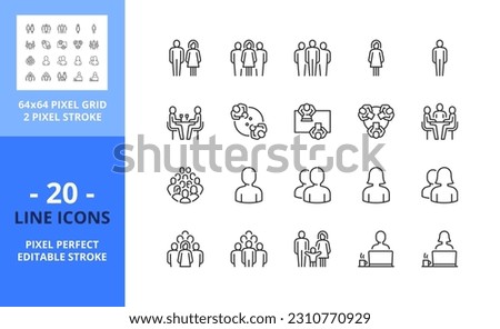 Line icons about people. Contains such icons as one person, couples and groups. Editable stroke. Vector - 64 pixel perfect grid