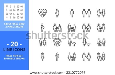 Line icons about people, types of family structures. Contains such icons as childless, nuclear family or single parent. Editable stroke. Vector - 64 pixel perfect grid