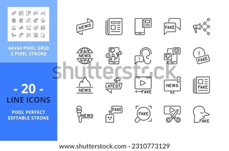 Line icons  about facts and fake news. Contains such icons as anti-fake agency, troll, social bots and newspaper. Editable stroke. Vector - 64 pixel perfect grid