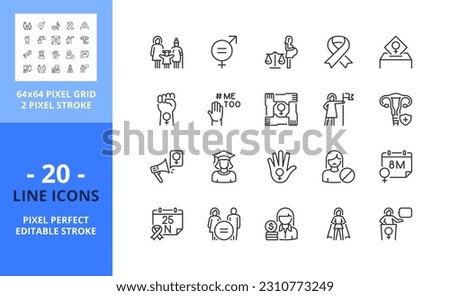 Line icons  about feminism. Contains such icons as gender equality, women's rights and girl power. Editable stroke. Vector - 64 pixel perfect grid