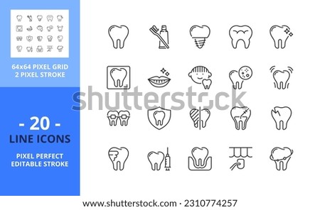 Line icons about dentistry and dental care. Contains such icons as smile, hygiene, implant, x ray, orthodontics and tooth decay. Editable stroke. Vector - 64 pixel perfect grid