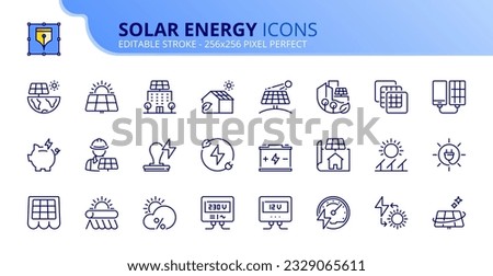 Line icons about solar energy. Contains such icons as installation, efficiency, solar panel, renewable energy. Editable stroke Vector 256x256 pixel perfect