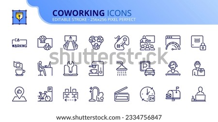 Line icons about coworking. Contains such icons as workplace, meeting room, recreation zone and services. Editable stroke Vector 256x256 pixel perfect