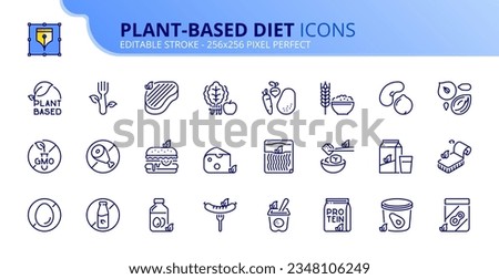 Line icons about plant based diet. Contains such icons as vegan products and fruits, vegetables, whole grains legumes and nuts. Editable stroke Vector 256x256 pixel perfect