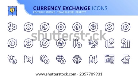 Line icons about currency exchange. Contains such icons as track exchange rate, dollar, euro, yen and pound symbol. Editable stroke Vector 256x256 pixel perfect