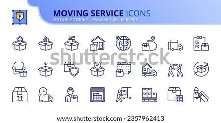 Line icons about moving service. Contains such icons as packing, loading, household, corporate and office moving. Editable stroke. Vector 256x256 pixel perfect.