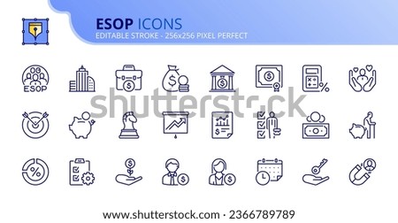 Line icons about ESOP employee stock ownership plan. Contains such icons as company, win-win, scheme and benefits. Editable stroke. Vector 256x256 pixel perfect.