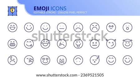 Line icons about emoji. Contains such icons as facial expression, satisfaction scale and emotions about happy, funny, sad, angry. Editable stroke. Vector 256x256 pixel perfect.