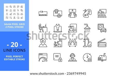 Line icons about coworking. Contains such icons as workplace, meeting room, recreation zone and services. Editable stroke. Vector - 64 pixel perfect grid