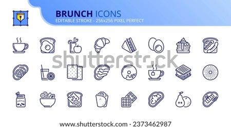 Line icons about brunch. Contains such icons as fruit, yogur, toast, coffee, salad, sandwich and pancakes. Editable stroke. Vector 256x256 pixel perfect.