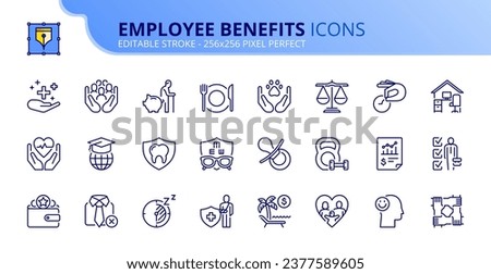 Line icons about employee benefits. Contains such icons as health insurance, social responsibility, retirement planning and bonus. Editable stroke. Vector 256x256 pixel perfect.