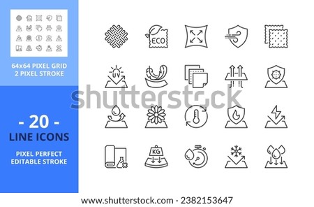 Line icons about fabric features. Contains such icons as membrane, waterproof, windproof, elastic, breathable and resistence. Editable stroke. Vector - 64 pixel perfect grid