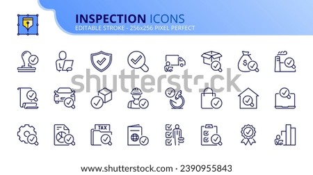 Line icons about inspection. Contains such icons as quality control, security verified, auditing and analysis. Editable stroke. Vector 256x256 pixel perfect.