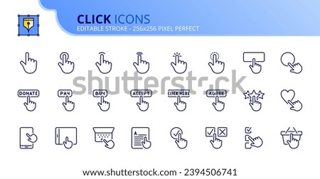 Line icons about click. Contains such icons as hand with gestures, touch, press, tap and push. Editable stroke. Vector 256x256 pixel perfect.
