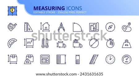 Line icons about measuring. Contains such icons as tape measure, capacity, weight, timer and distance. Editable stroke. Vector 256x256 pixel perfect.