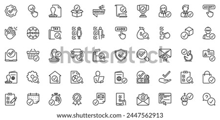 Line icons about checked as approved, check mark, tested, verified and validation. Editable stroke and pixel perfect.