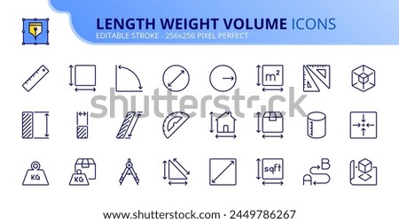 Line icons about length, weight and volume. Contains such icons as ruler, square, triangle and circle. Editable stroke. Vector 256x256 pixel perfect.