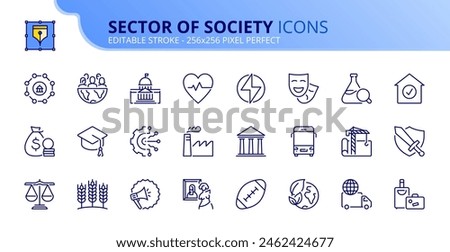 Line icons about sector of society. Contains such icons as education, health care, transport, industry, finance, justice and agriculture. Editable stroke. Vector 256x256 pixel perfect.