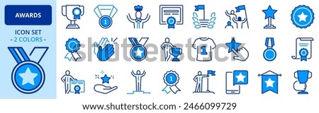 Icons in two colors about awards and acknowledgements. Contains such icons as medal, trophy, the best, achievement, excellence and certificate. Editable stroke.