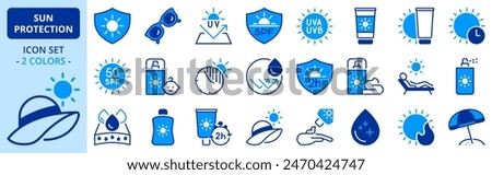 Icons in two colors about sun protection. Contains such icons as sunglasses, SPF, sunscreen and skin care. Editable stroke.