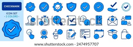 Icons in two colors about checkmark. Contains such icons as checked, approved, certified, accepted and validation. Editable stroke