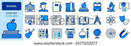 Icons in two colors about school. Contains such icons as books, blackboard, subjects, stationery supplies, and school bus. Editable stroke.