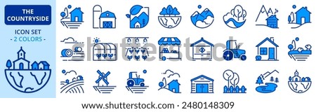 Icons in two colors  about the countryside. Contains such icons as rural house, farm, landscape mountain, nature, grove and lake. Editable stroke