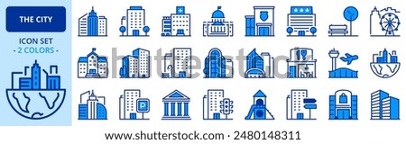 Icons in two colors about the city. Contains such icons as apartments, office, bank, hospital, buildings, skyscraper, mall and park. Editable stroke