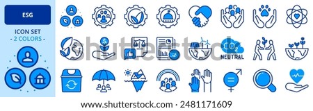 Icons in two colors about Environmental Social Governance. Contains such icons as climate crisis, sustainable development, diversity, human rights and responsible investment. Editable stroke