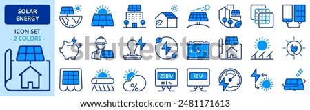 Icons in two colors about solar energy. Contains such icons as installation, efficiency, solar panel, renewable energy. Editable stroke