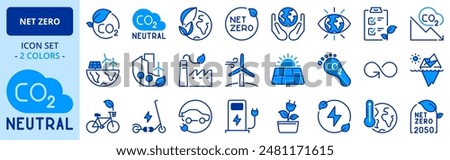 Icons in two colors about net zero. Sustainable development. Contains such icons as green energy, CO2 neutral, save Earth, climate action. Editable stroke